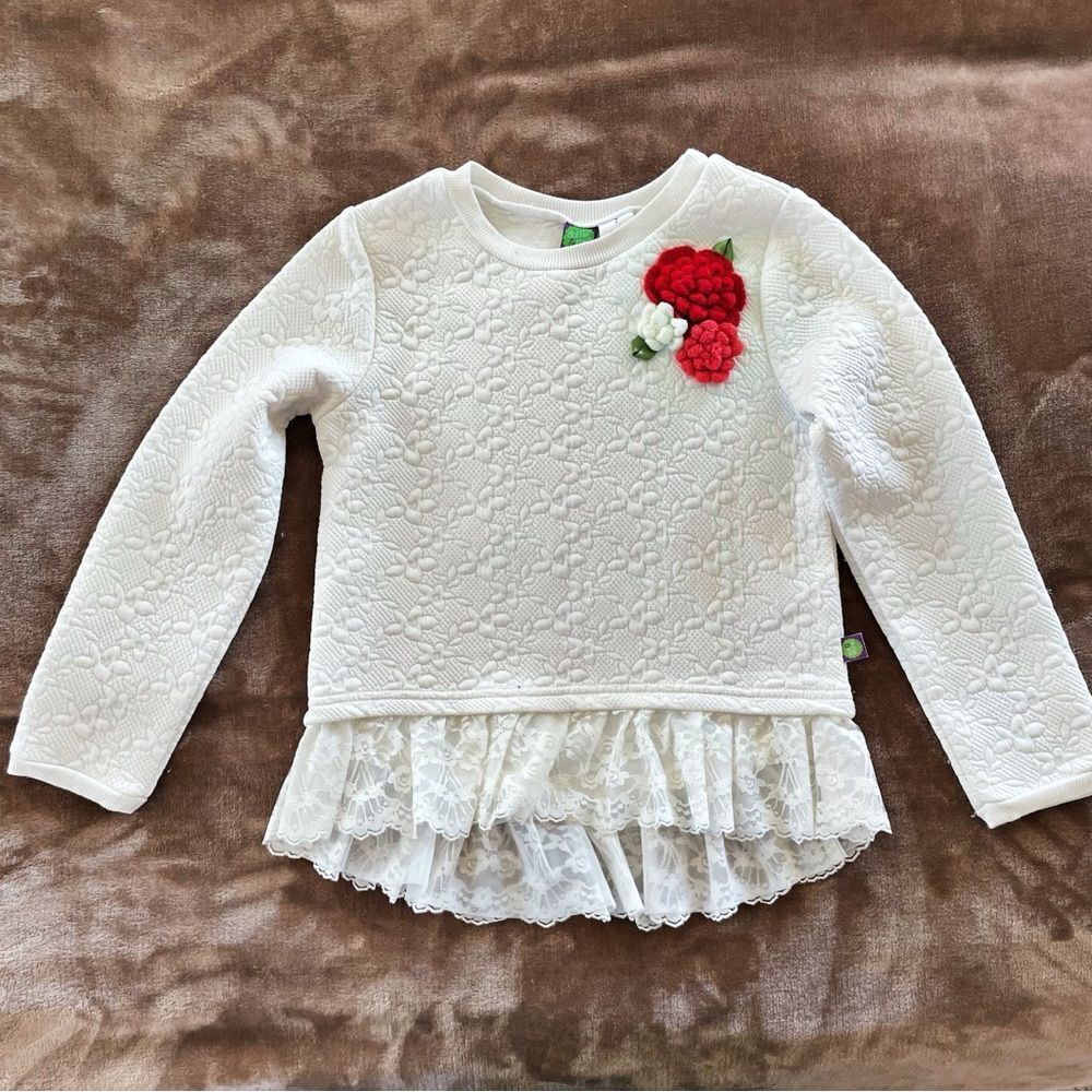 Dollie & Me Girls White Quilted Lace Sweater with Red Floral Accent Size 7